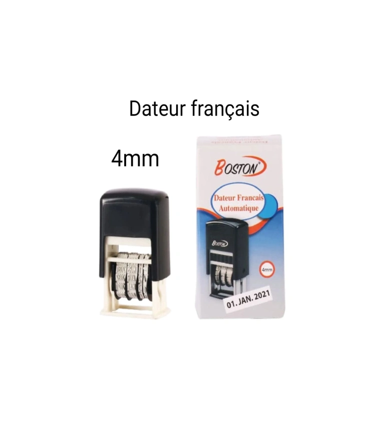 Dateur automatique français 4 mm, idéal pour imprimer la date clairement sur factures et documents administratifs.