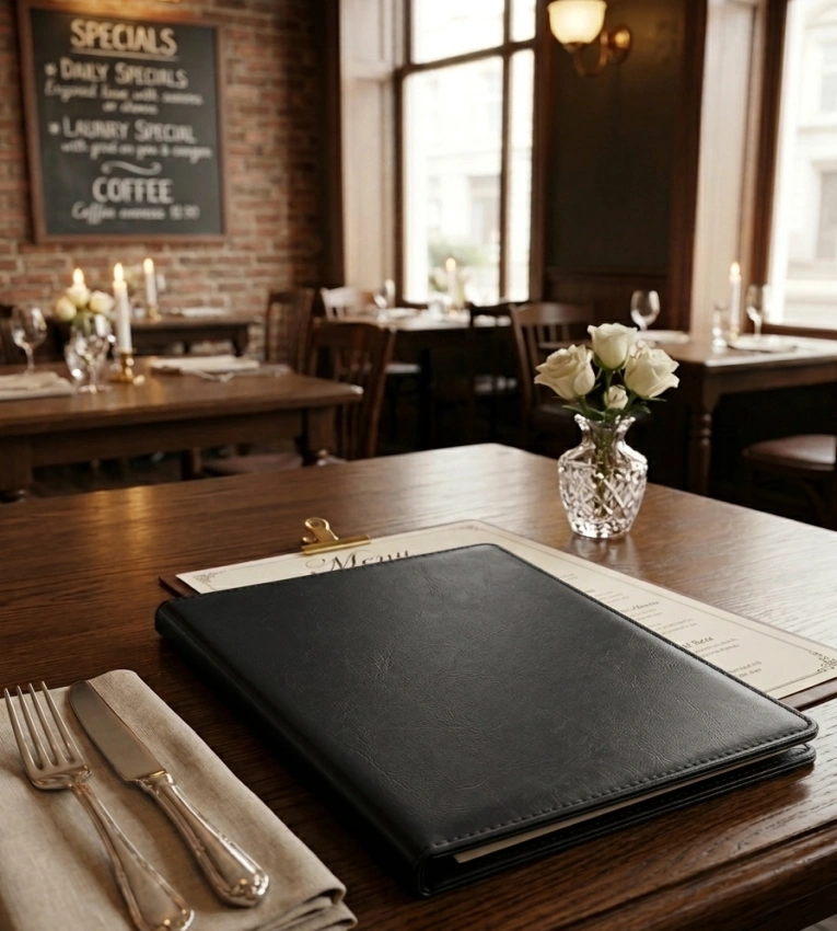Porte menu en cuir noir format A5, idéal pour une présentation chic, professionnelle et intemporelle dans les restaurants et cafés