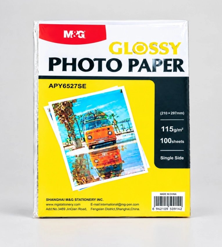 Papier photo brillant M&G Glossy A4 – 115 g/m², 50 feuilles. Idéal pour imprimer des photos nettes, colorées et de qualité professionnelle