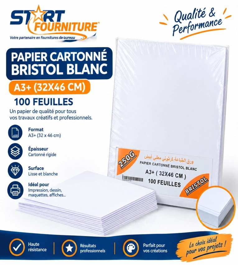 Papier Bristol blanc 250 g/m² au format A3+ (32 × 46 cm), idéal pour l’impression, les affiches, dessins, maquettes et travaux créatifs.