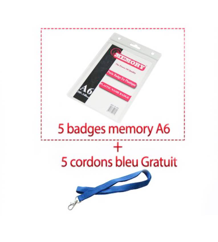 PAQUET PORTE BADGE EN PLASTIQUE MEMORY A6 + 5 cordons bleu gratuit