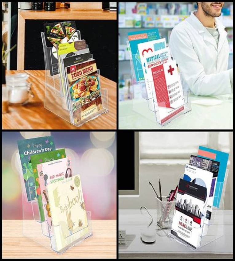Porte-brochures A6 Transparent - Lot De 4 - À 2 Niveaux - Pour Mur Ou Bureau - Support Pour Dépliants, Menus, Cartes - Plastique PS