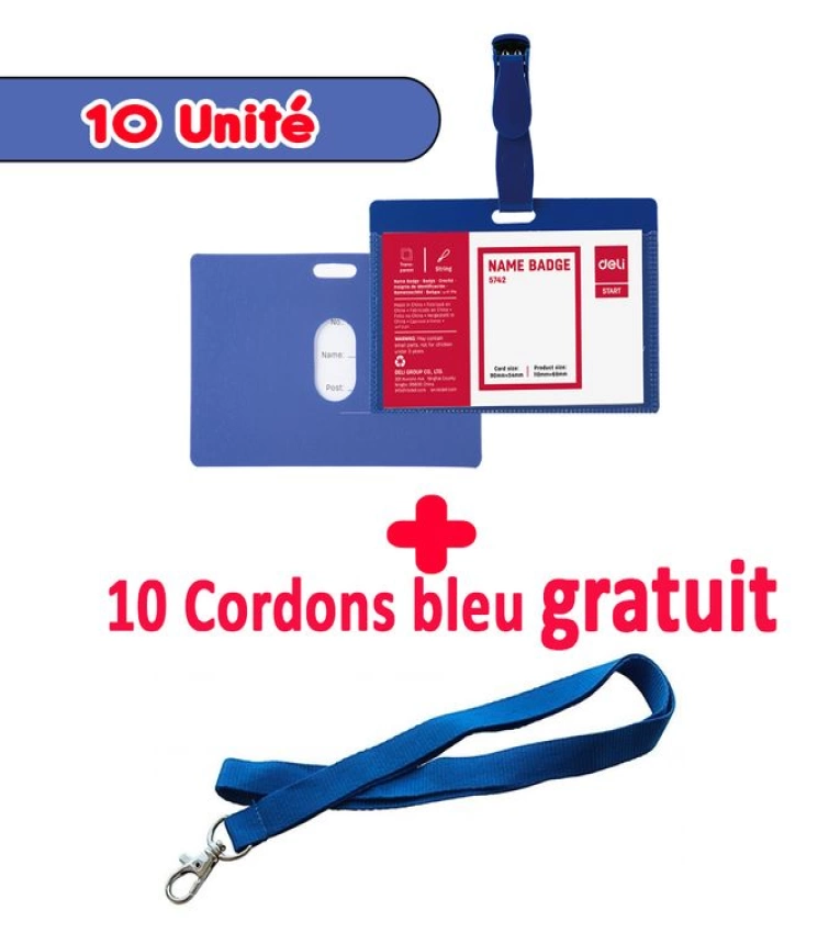 10 Portes-Badges avec pinces bretelles 90x54 mm paysage + cordons Gratuites Couleur: bleu