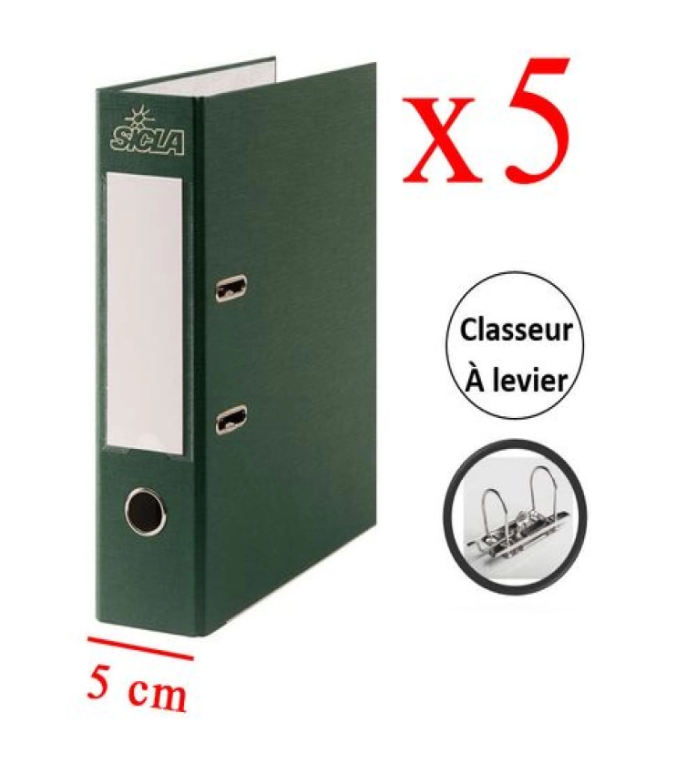 Optimisez l'organisation avec lot 5 classeurs à levier vert foncé en simili cuir. Élégants et pratiques, avec porte-étiquette au dos.