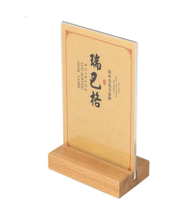 Porte-menu table plexiglas & bois, format raffiné. Commandez pour une touche élégante.