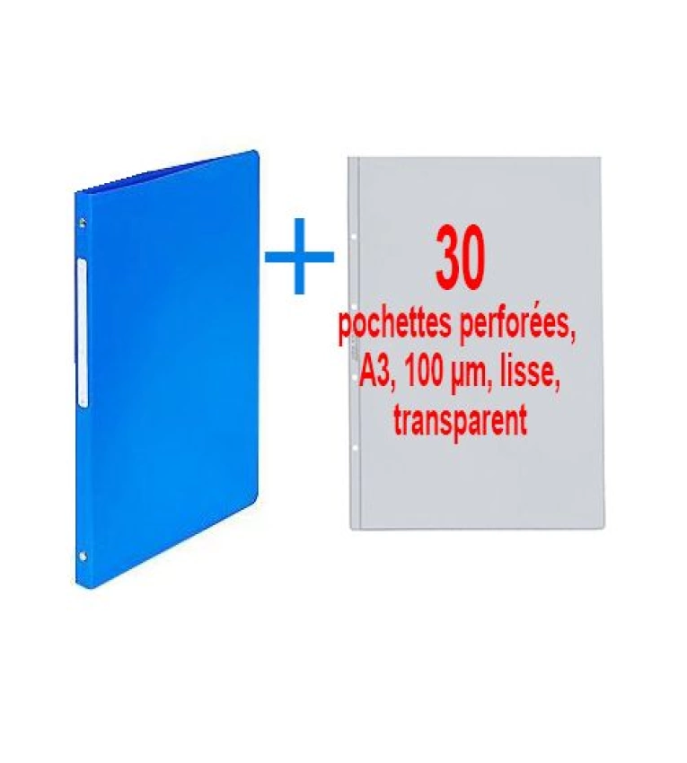 Classeur A3 rechargeable Kinary : 4 anneaux bleus + 30 sacs transparents. Organisez efficacement.