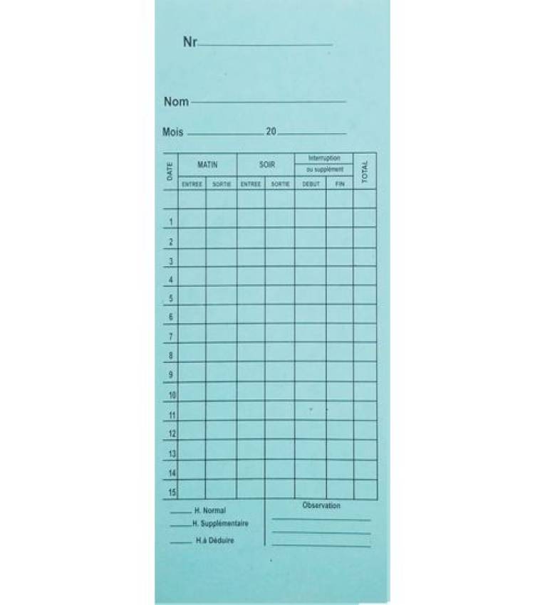 Fiche de pointage mensuel pré-imprimées 8x20 cm