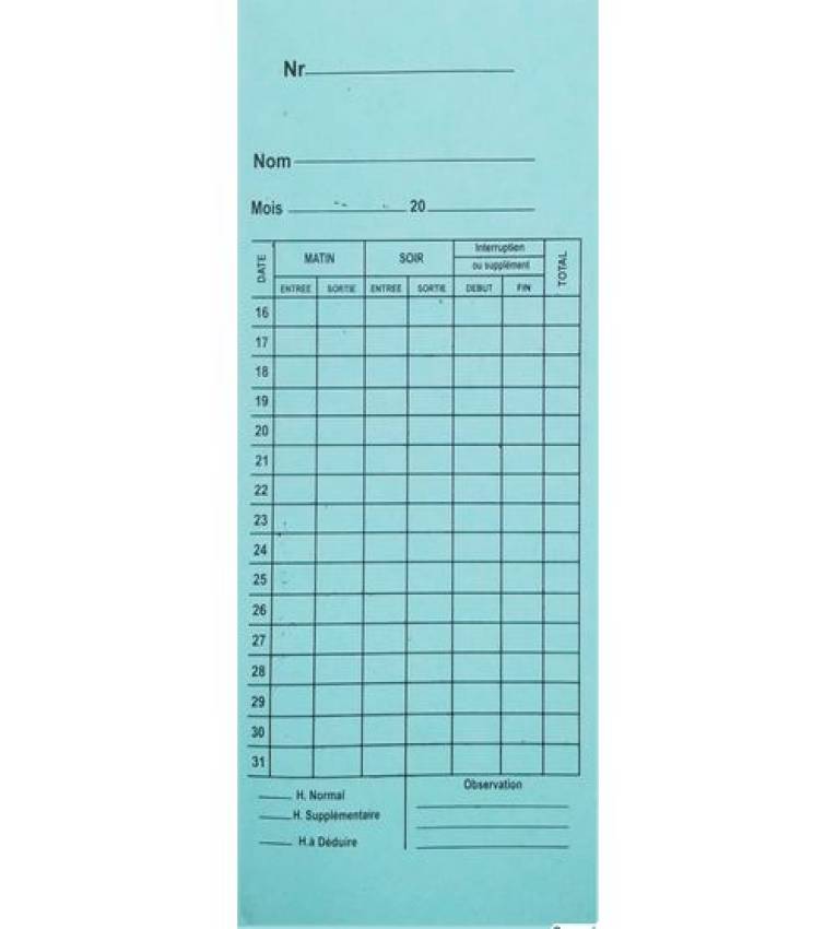 Fiche de pointage mensuel pré-imprimées 8x20 cm