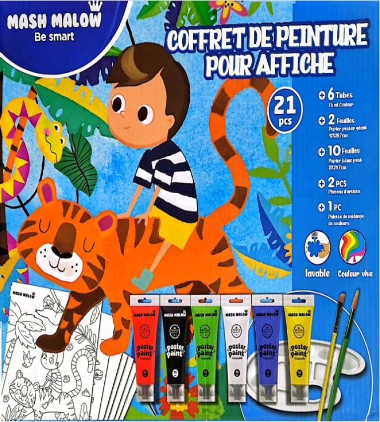 Coffret de Peinture Mash Malow complet avec 6 tubes de peinture 10 feuilles à dessin 2 feuilles à colorier et une palette Idéal pour les garçon