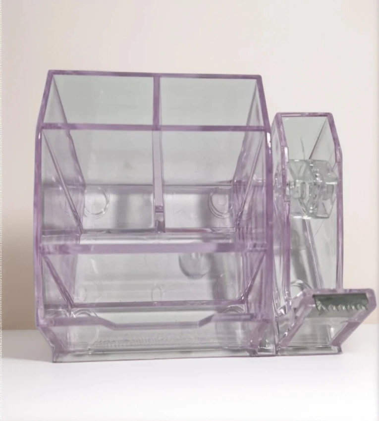 Organisateur de bureau multifonction en plastique transparent, idéal pour stylos, cartes et trombones, avec support ruban adhésif