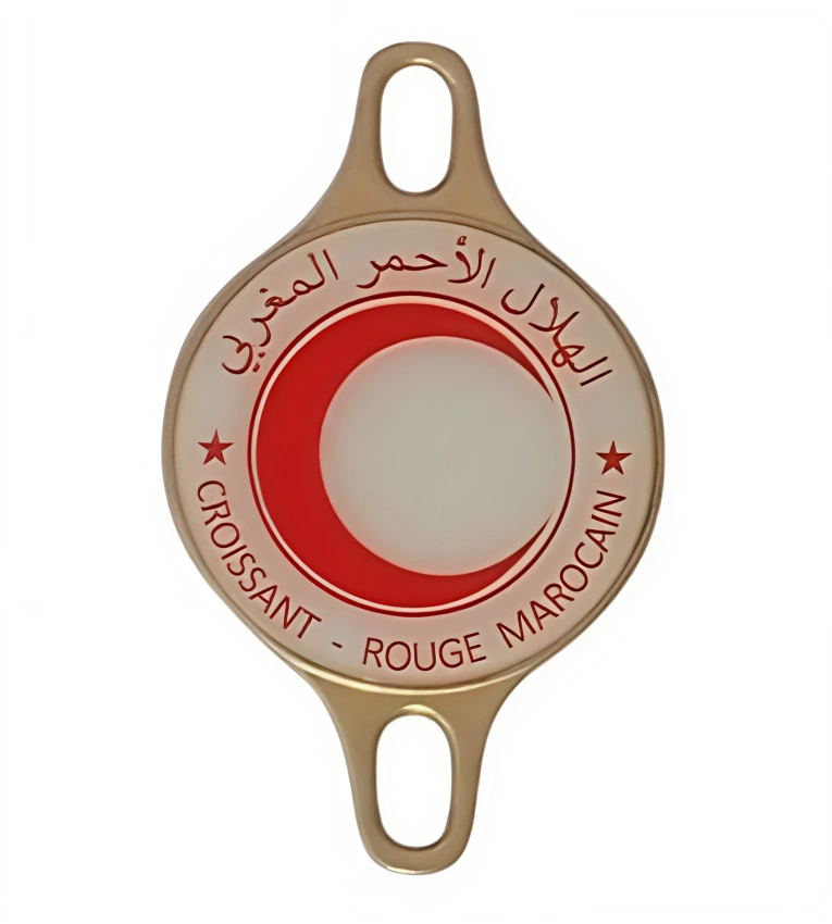 Macaron badge en cuivre pour croissant rouge marocain en métal et laiton premium imprimé sur cuivre solide résistant au soleil et aux rayures