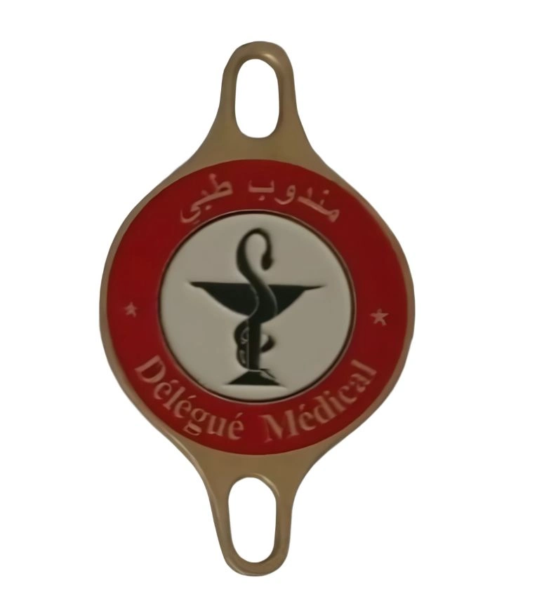Macaron badge en cuivre pour un Délégué médical au Maroc en métal et laiton premium imprimé sur cuivre solide résistant au soleil et aux rayures