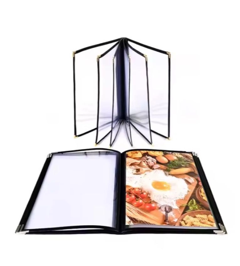 Menu de restaurant en plastique transparent – 6 pages, 12 vues, format A4 avec bord en cuir