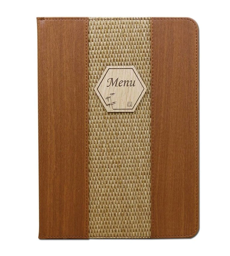 Menu A4 avec couverture en cuir et plastique transparent, 6 pages, 12 vues. Idéal pour restaurants et hôtels.