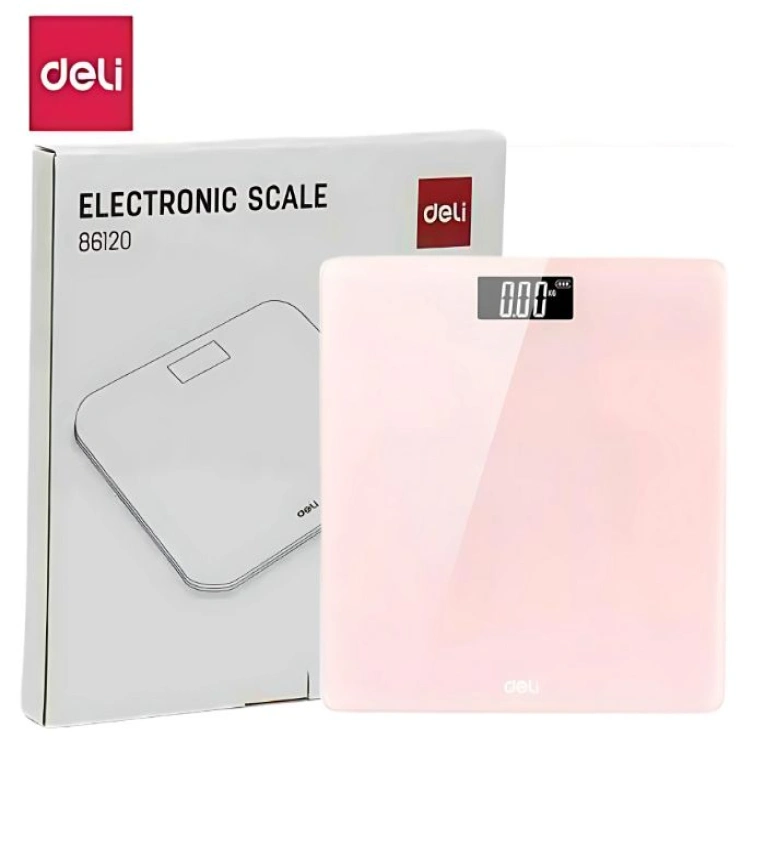 Balance électronique Deli 86120 avec surface en verre élégante, capacité maximale de 150 kg, affichage LCD précis