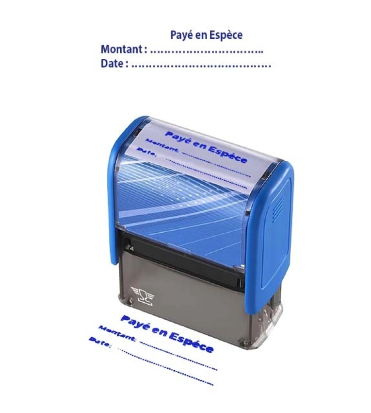 Tampon pratique avec la mention « Payé en espèces », empreinte claire avec encre bleue durable.